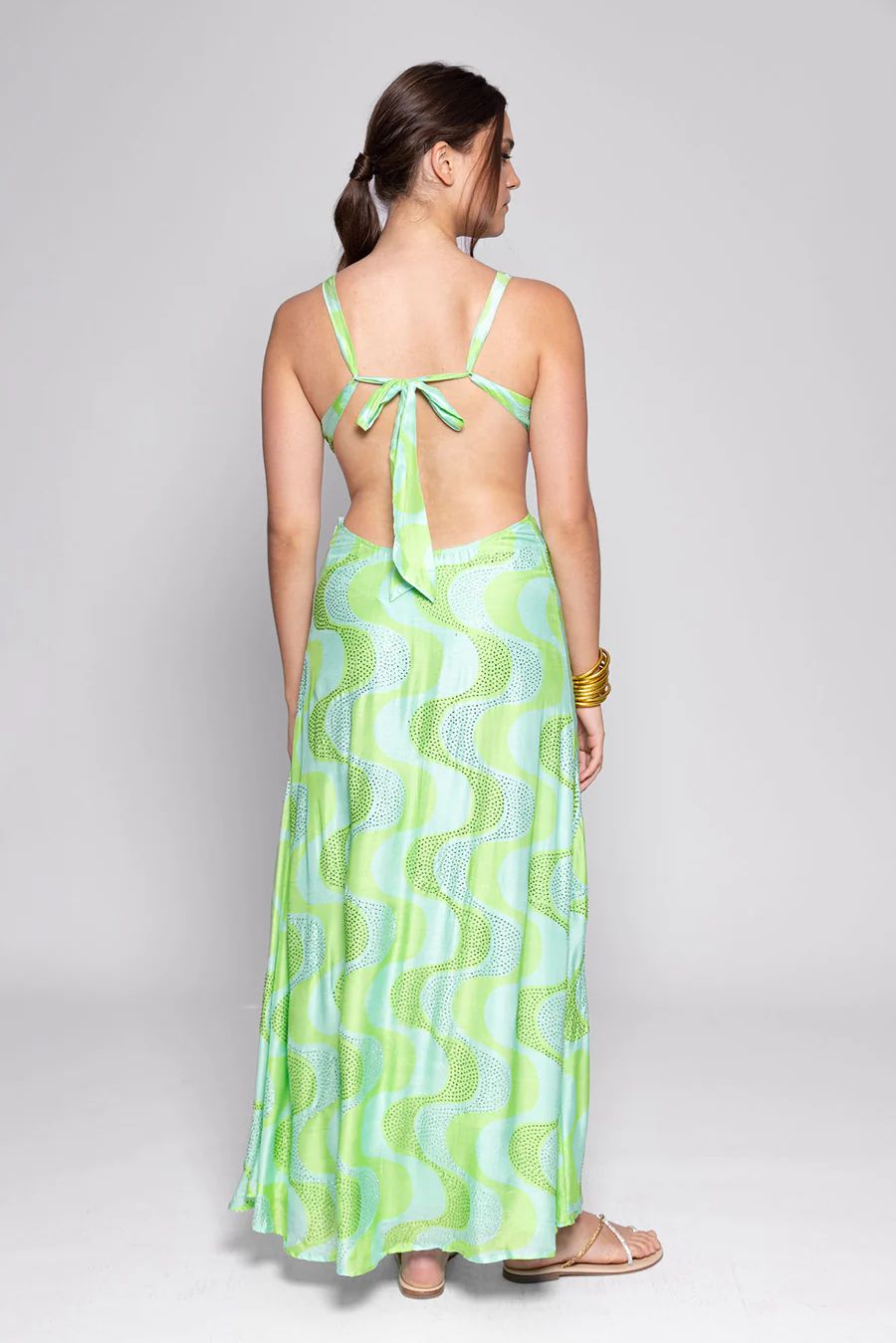 SHANA LONG DRESS AMAZONIA PRINT WITH RHINESTONES LIME & POOL