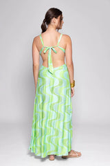 SHANA LONG DRESS AMAZONIA PRINT WITH RHINESTONES LIME & POOL