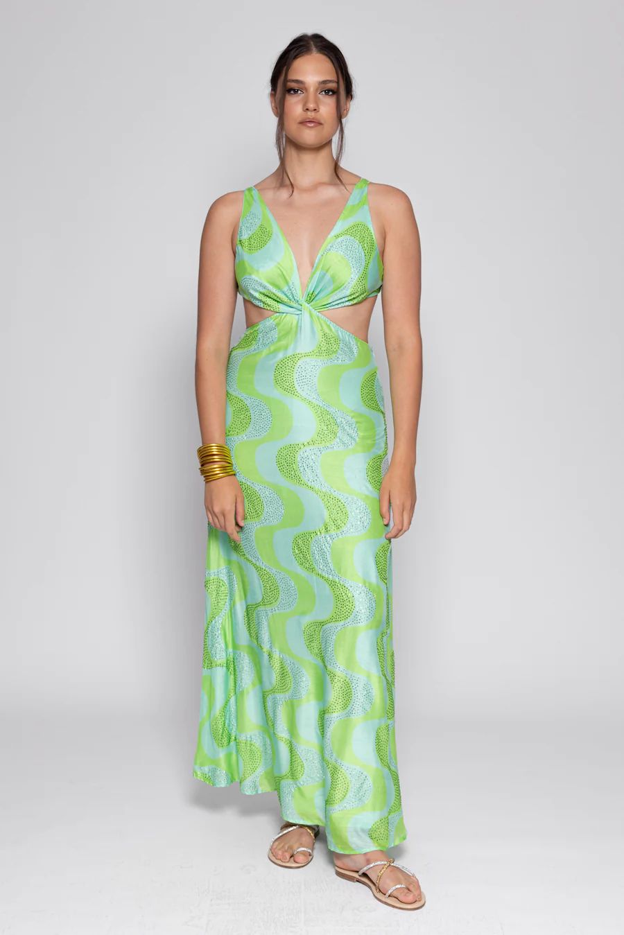 SHANA LONG DRESS AMAZONIA PRINT WITH RHINESTONES LIME & POOL